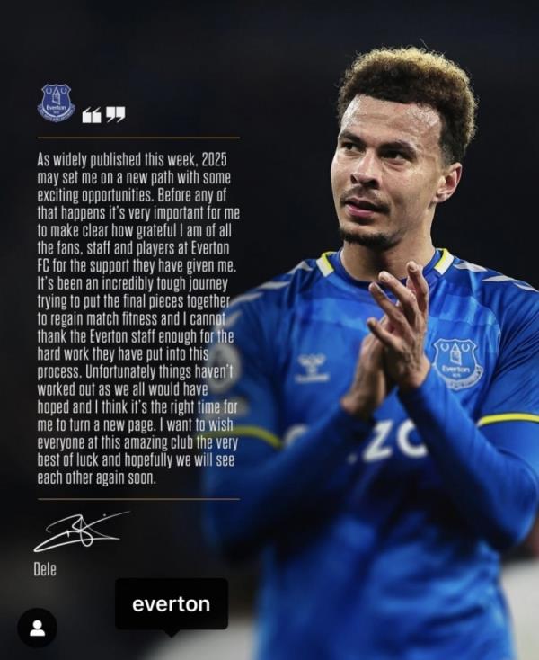 阿里告別埃弗頓：是時(shí)候開始新篇章了，感謝所有人對我的支持